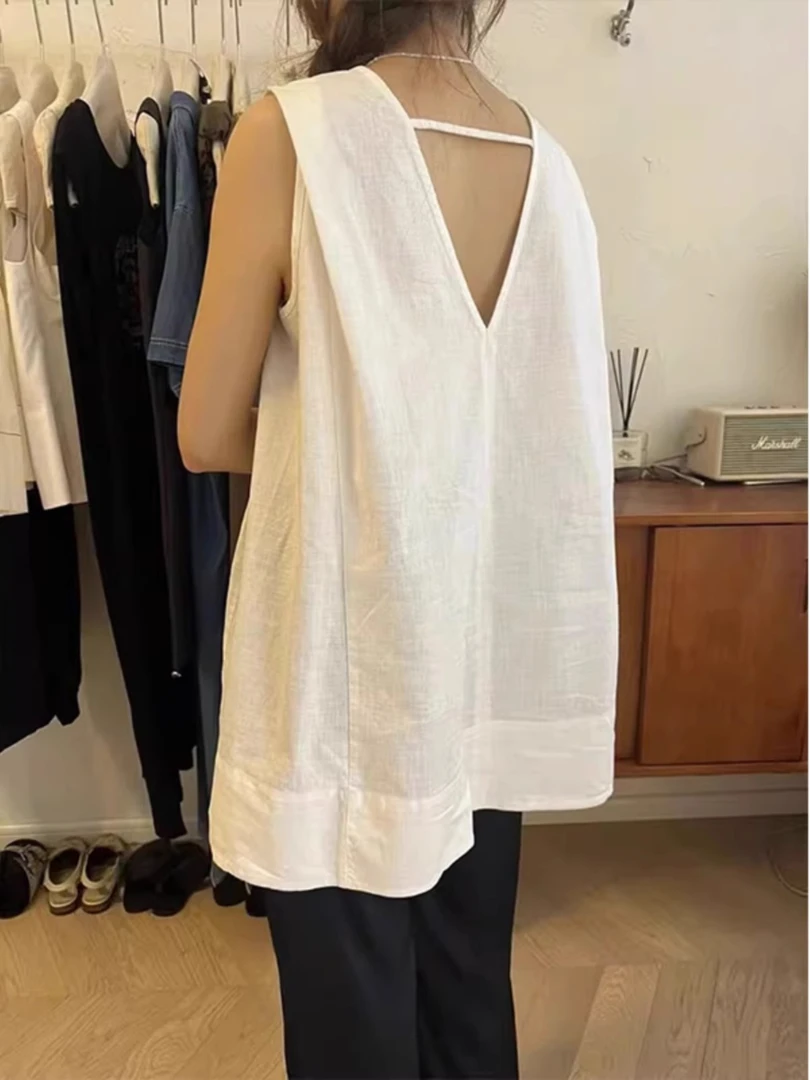 网红洋气宽松慵懒风衬衫背心女夏季外穿v领露背娃娃衫无袖上衣薄