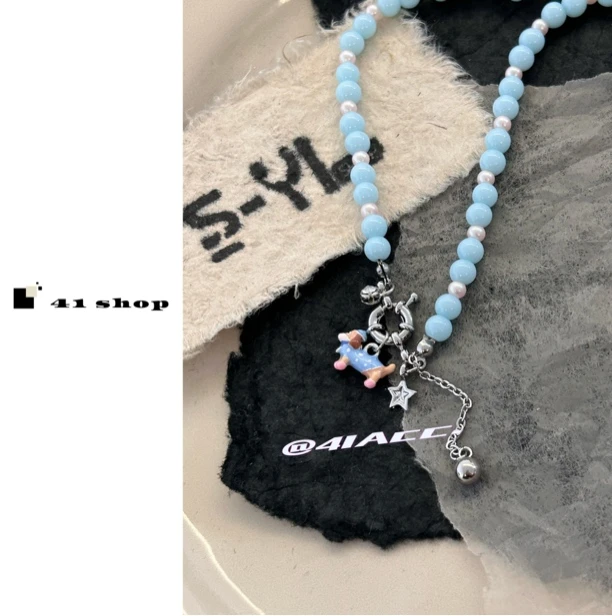 铜合金琉璃项链 A489淡蓝色珠珠夏日小狗项链