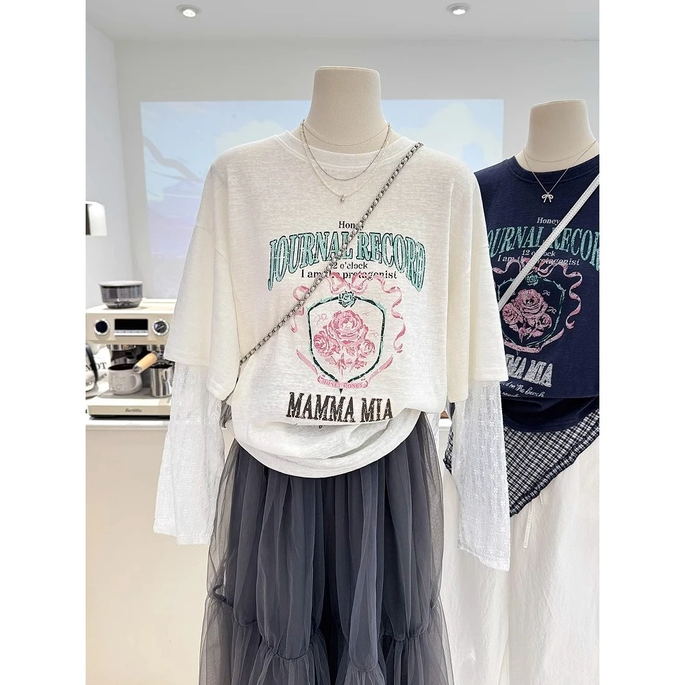 2025夏季新款韩系复古拼接防晒衣假两件蕾丝长袖内搭打底衫T恤女