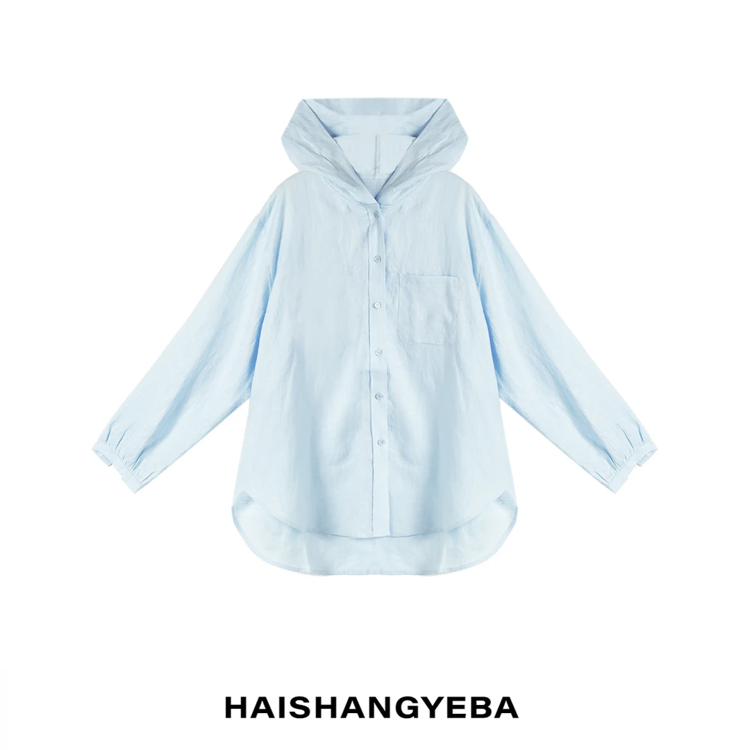 【海上叶爸】新款2025春夏百搭亚麻宽松连帽长袖衬衫