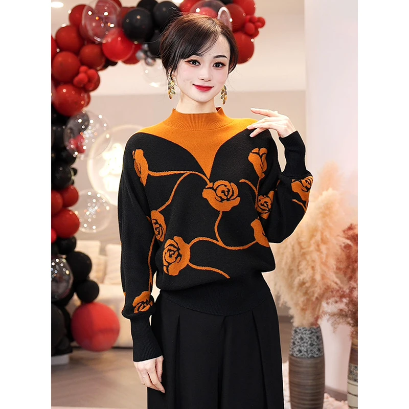 预售2025秋冬季新款【LT-D930】含绵羊毛拼色百搭打底针织衫毛衣女