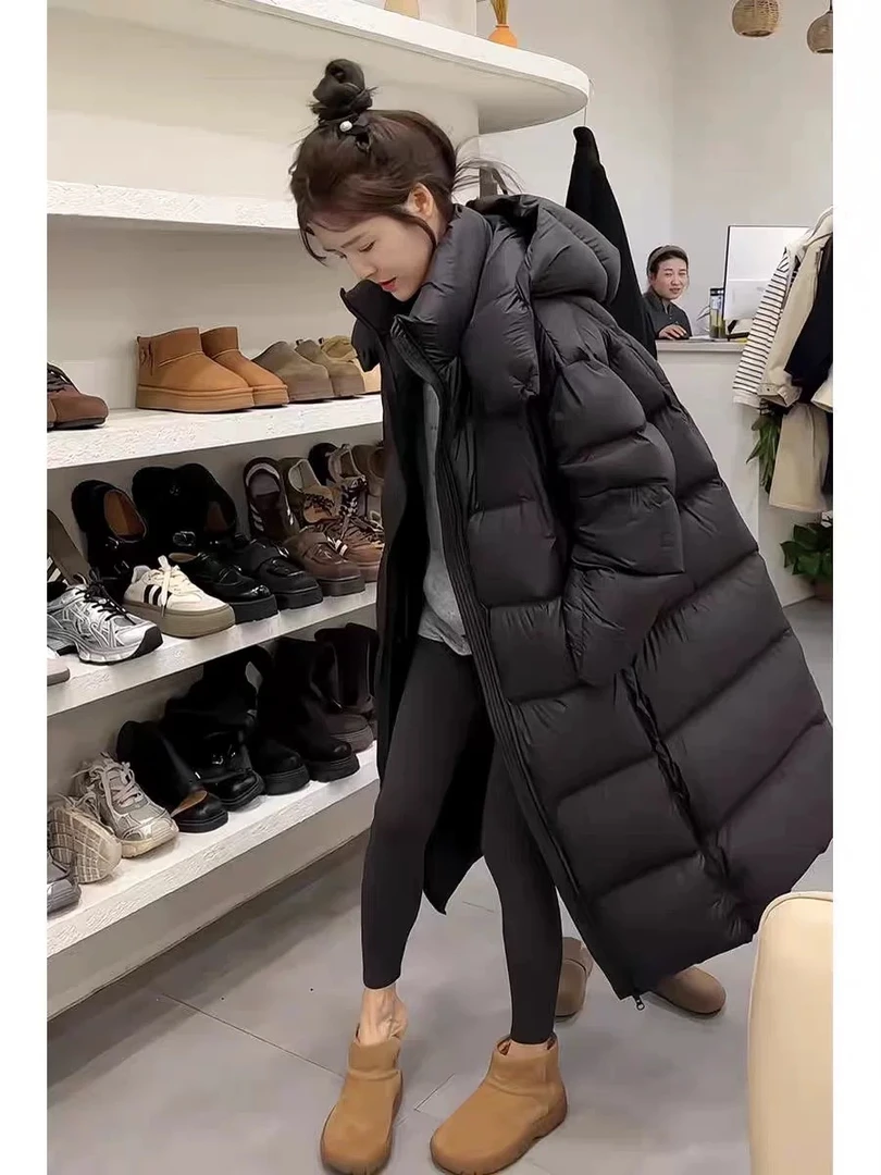 羽绒服女长款2025新款高端加厚95%白鸭绒泡芙连帽宽松面包服外套