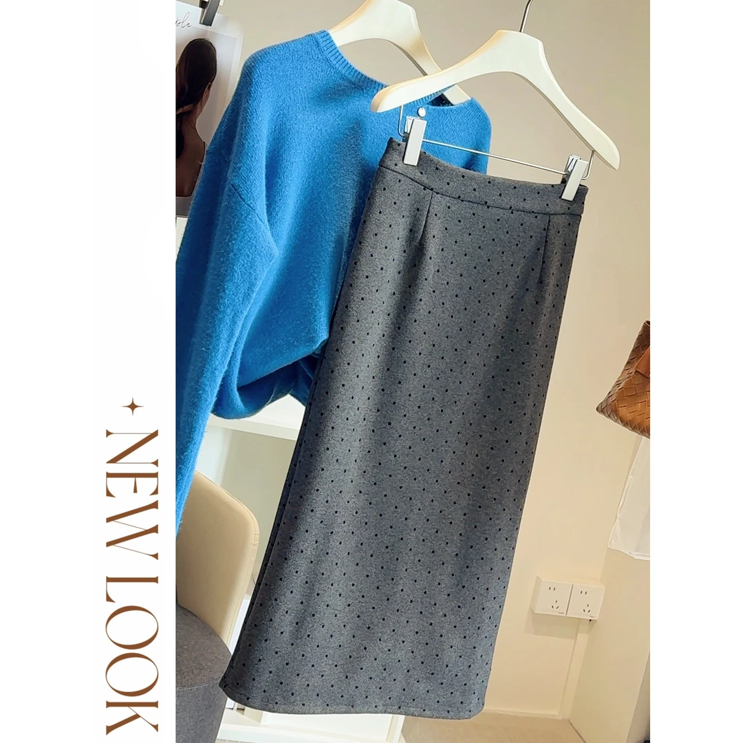 黑色银狐绒波点毛呢半身裙女冬季新款高腰显瘦加厚中长包臀直筒裙