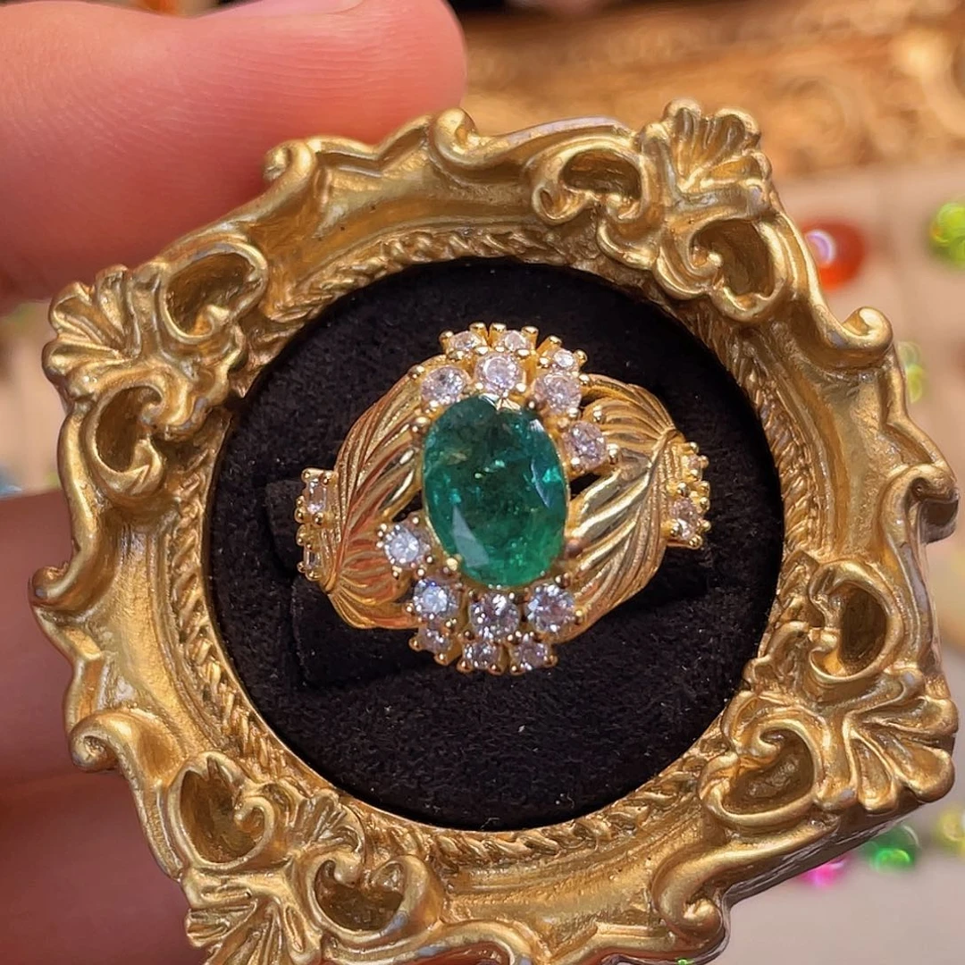 戒指祖母绿银S925镀金镶嵌