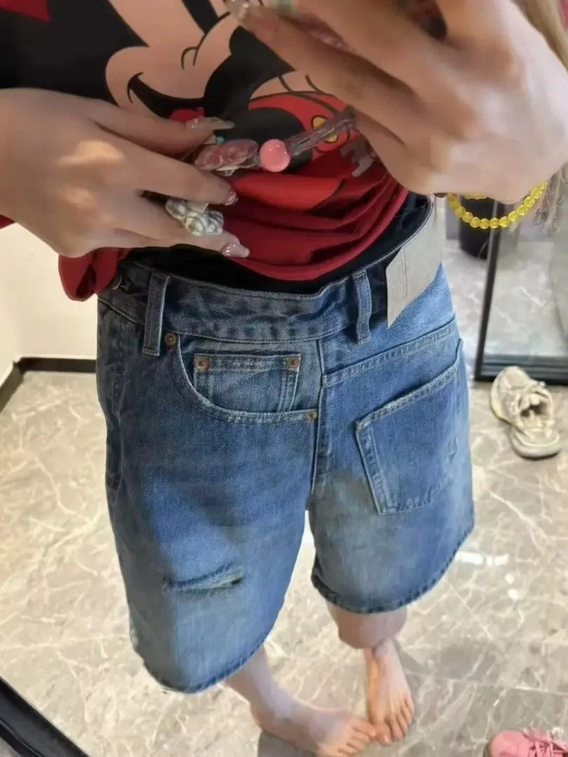 重工旋转设计感破洞直筒牛仔裤休闲百搭个性五分裤宽松修身阔腿裤