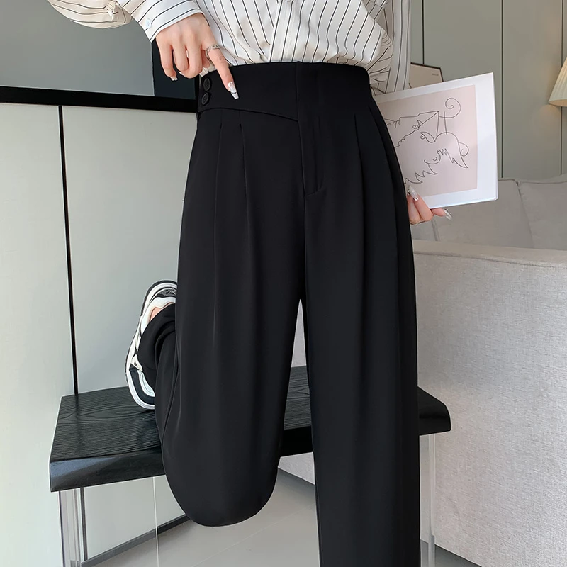 2025秋季新款阔腿裤女高腰薄款裤子垂感黑色春夏窄版直筒裤西装裤