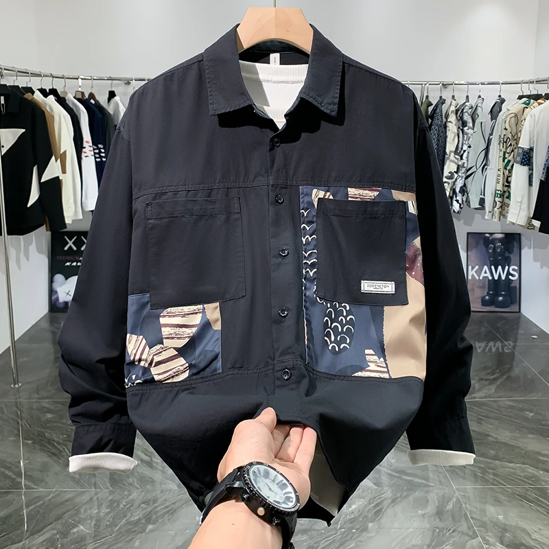 衬衣2025年新款男春季长袖个性拼接纯棉美式工装外套潮牌休闲衬衫