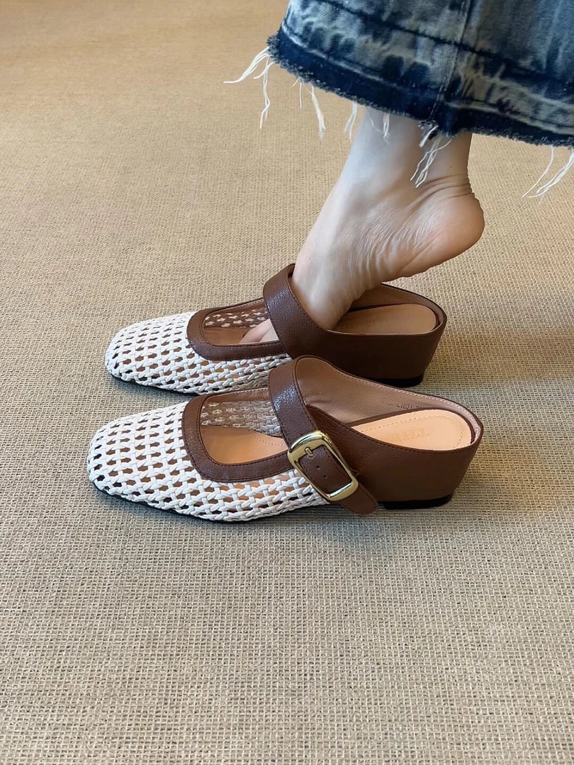 羊皮版~内增高一字带半拖鞋女2025新款方头编织镂空透气包头凉鞋
