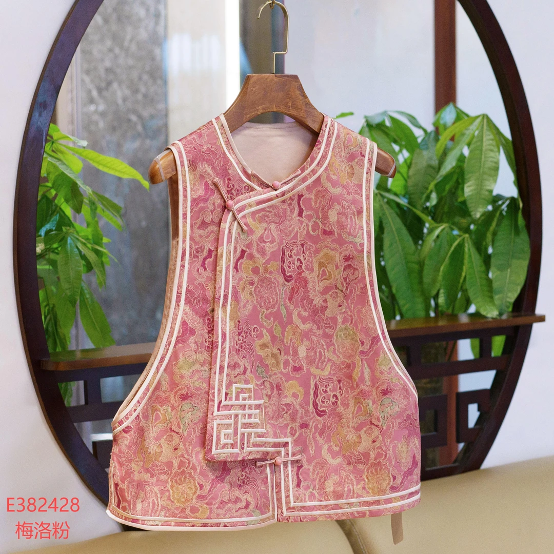 真丝新中式国风桑蚕丝圆领斜襟马甲背心382428