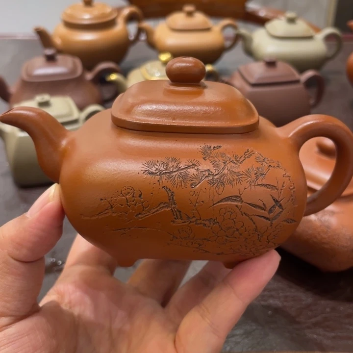 手***1紫砂茶壶四方传卢手工刻绘，不退