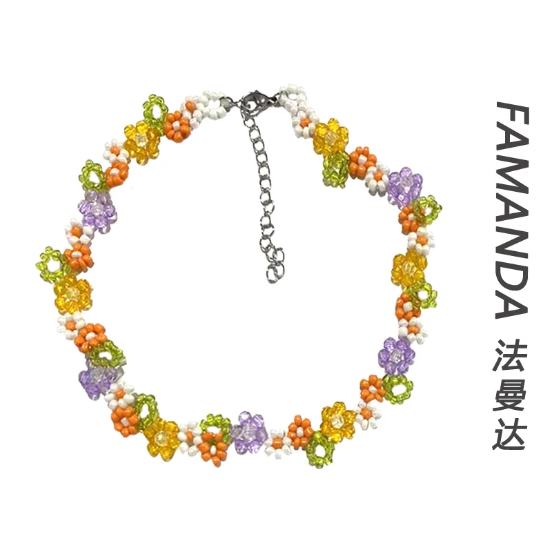 法曼达 铜合金亚克力项链 【花花项链】多色拼接锁骨链复古闪耀甜美