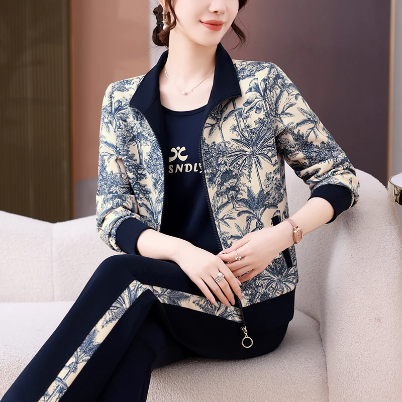 恩狐春秋新款印花翻领中老年宽松妈妈装长袖时尚休闲运动三件套