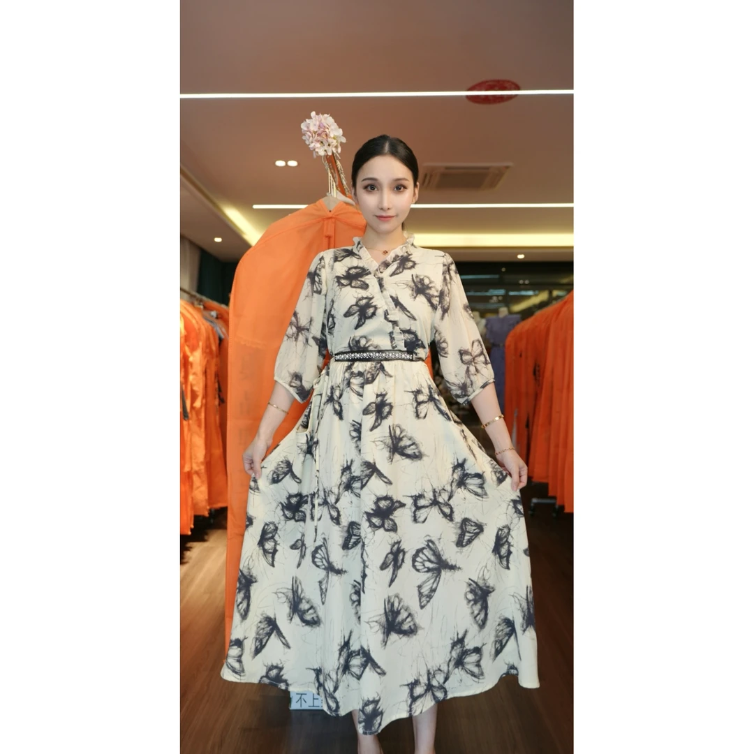 【商场高货】时尚蝴蝶印花过膝时尚收腰气质女装连衣裙6241