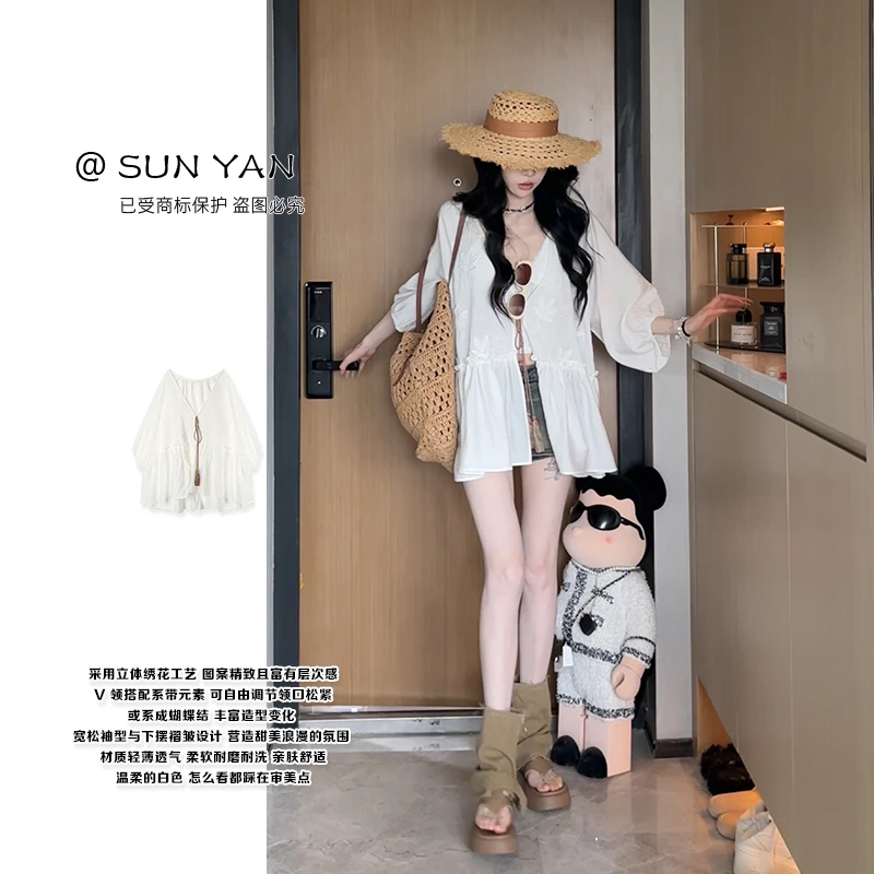 孙妍夏款【芮白开衫】设计感V领立体绣花系带防晒开衫