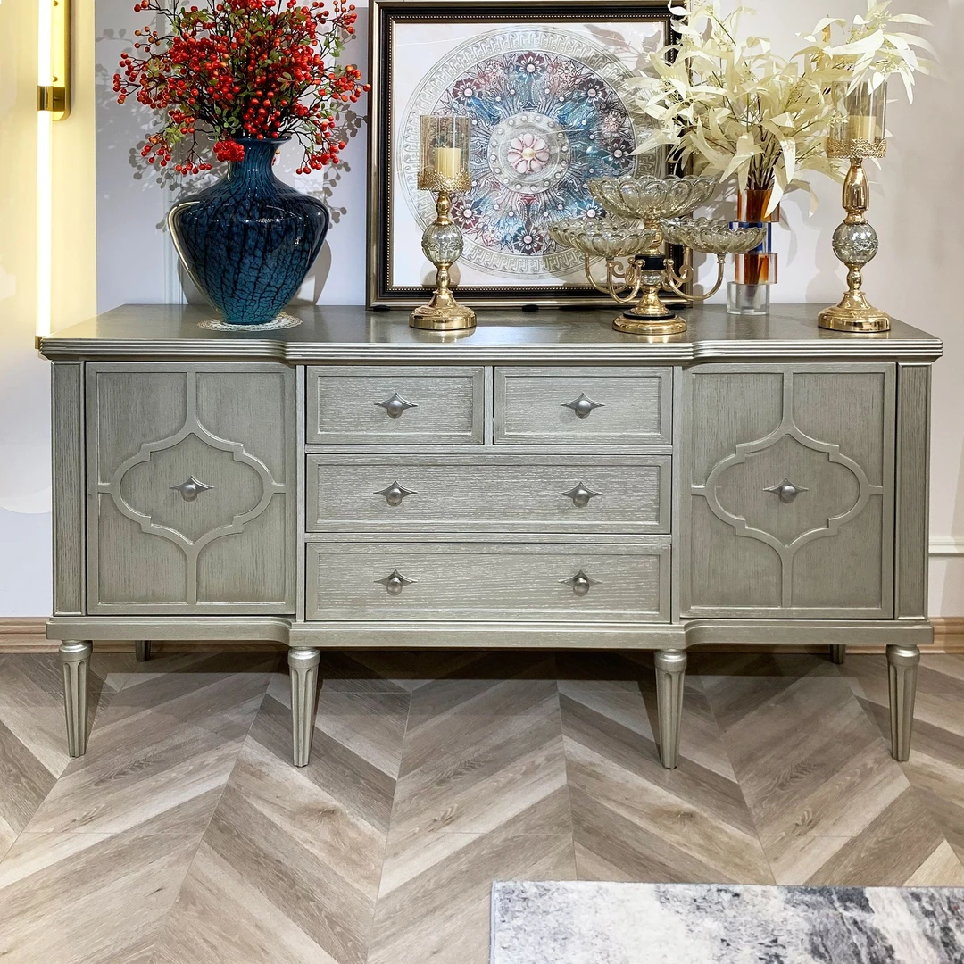 美式轻奢莫里印象烟灰色做旧餐边柜实木储物柜玄关雕花餐边柜