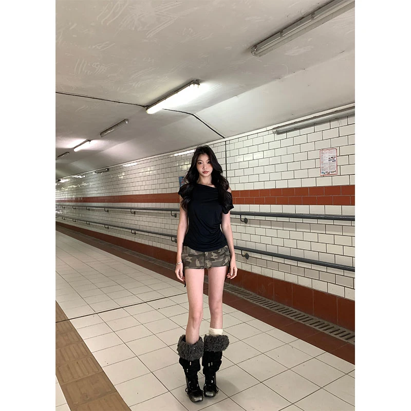 withmin凉皮 千禧y2k 欧若风辣妹斜肩显瘦收腰T恤短袖上衣2522302