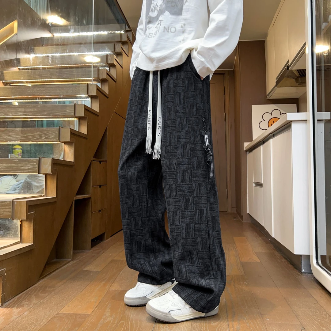 霄桂姿秋季格子直筒裤潮流美式设计感扎染休闲裤垂感男士百搭长裤