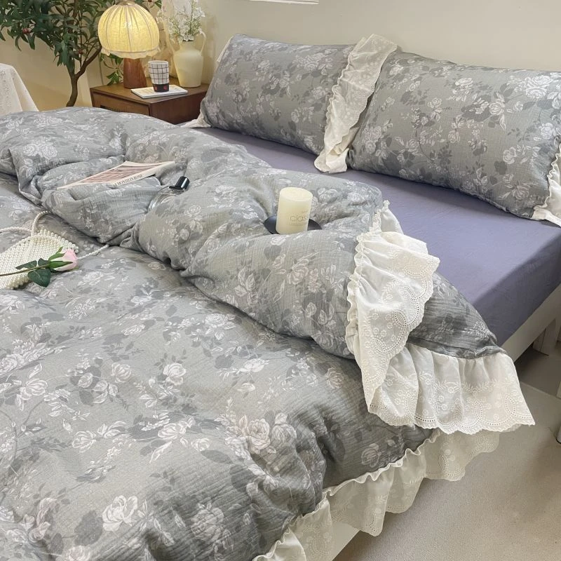 新中式100%全棉纯棉皱皱纱复古花朵被套花边被罩家用韩式双人被单