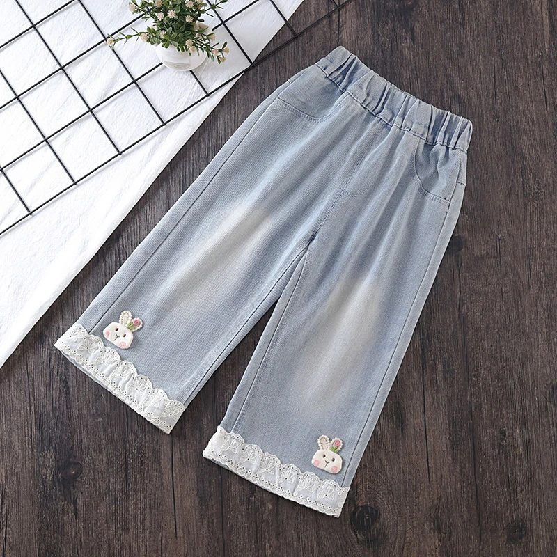 女童牛仔裤2025新款宝宝时髦休闲阔腿裤子儿童春秋花边直筒裤