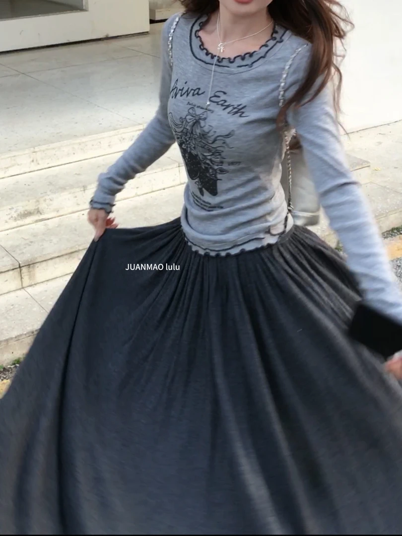 【暗夜奶盐】复古高腰褶皱半身裙女宽松休闲大摆裙垂感长裙A字半裙