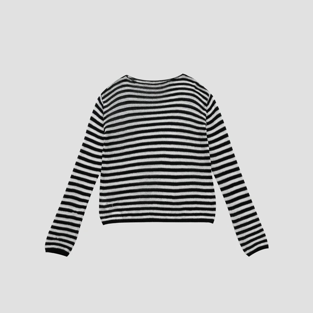 毛针织衫宽松型长袖条纹女慵懒风套衫圆领打底衫条纹上衣5XY1924