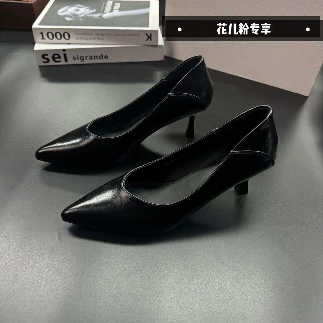 浅口尖头透气单鞋细跟气质高跟跟鞋女士皮鞋时尚性感152黑色