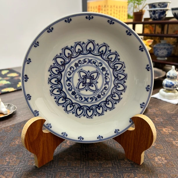 Q007[青岚]景德镇手工手绘青花宝相壶承—17.5cm