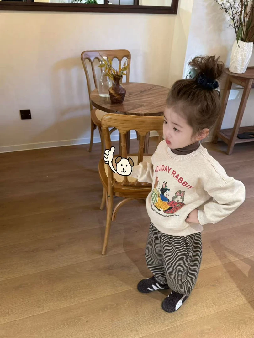 小思家2025秋季新款韩版女童休闲卡通卫衣条纹束脚裤套装