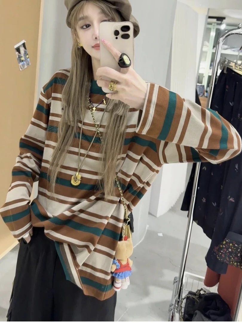 现货【ASY粗条纹T恤】秋新品复古休闲宽松圆领长袖上衣女