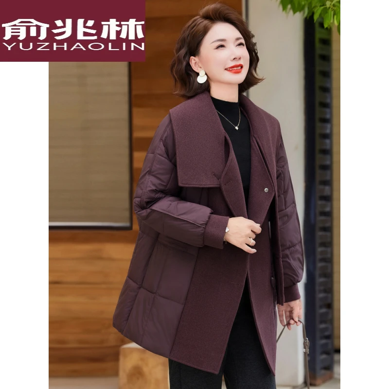 俞兆林2025年冬季中长款拼接真绒棉服女小个子宽松翻领时尚大码棉