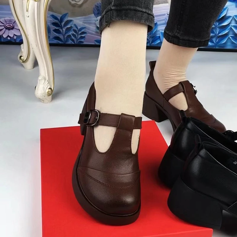 真皮女鞋粗跟2025黑色新款圆头软底复古防滑丁子鞋中跟百搭妈妈鞋