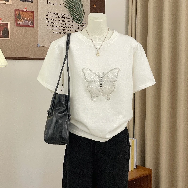 特大码300斤胖妹妹mm重工蝴蝶刺绣短袖T恤女夏季宽松显瘦上衣