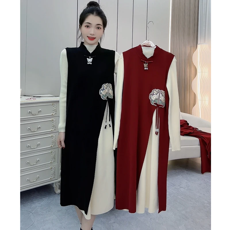 【新年战袍】时尚套新中式国风马褂A字裙两件套针织毛衣连衣裙014