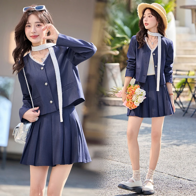 小香风蕾丝拼接显瘦百褶半身裙套装女2025流行一整套设计感两件套