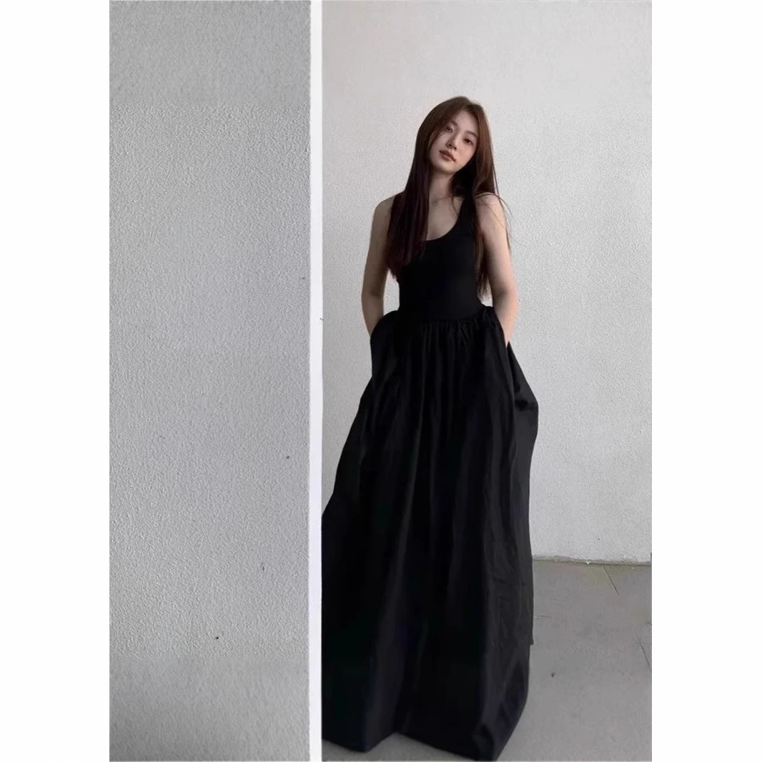 夏季法式赫本风吊带黑色连衣裙长款气质高级显瘦收腰修身a字裙子