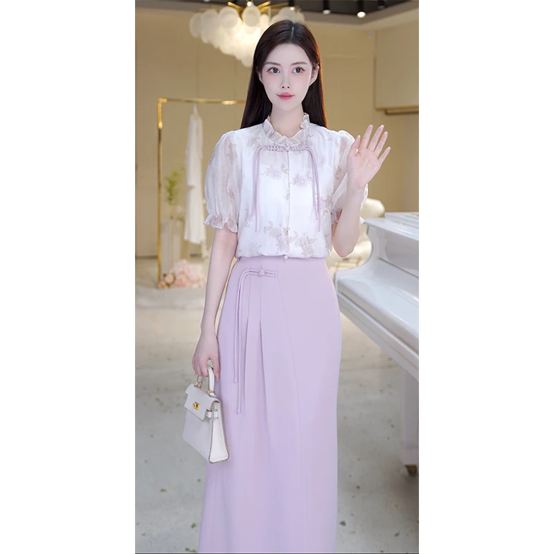 【北栀凡凡】盘扣木耳边印花小衫+中长款半身裙套装812527