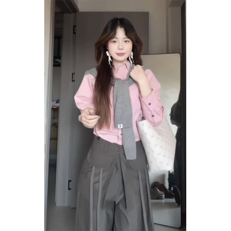 2025翻领长袖显瘦百搭小众韩系衬衫上衣休闲披肩设计感阔腿休闲裤