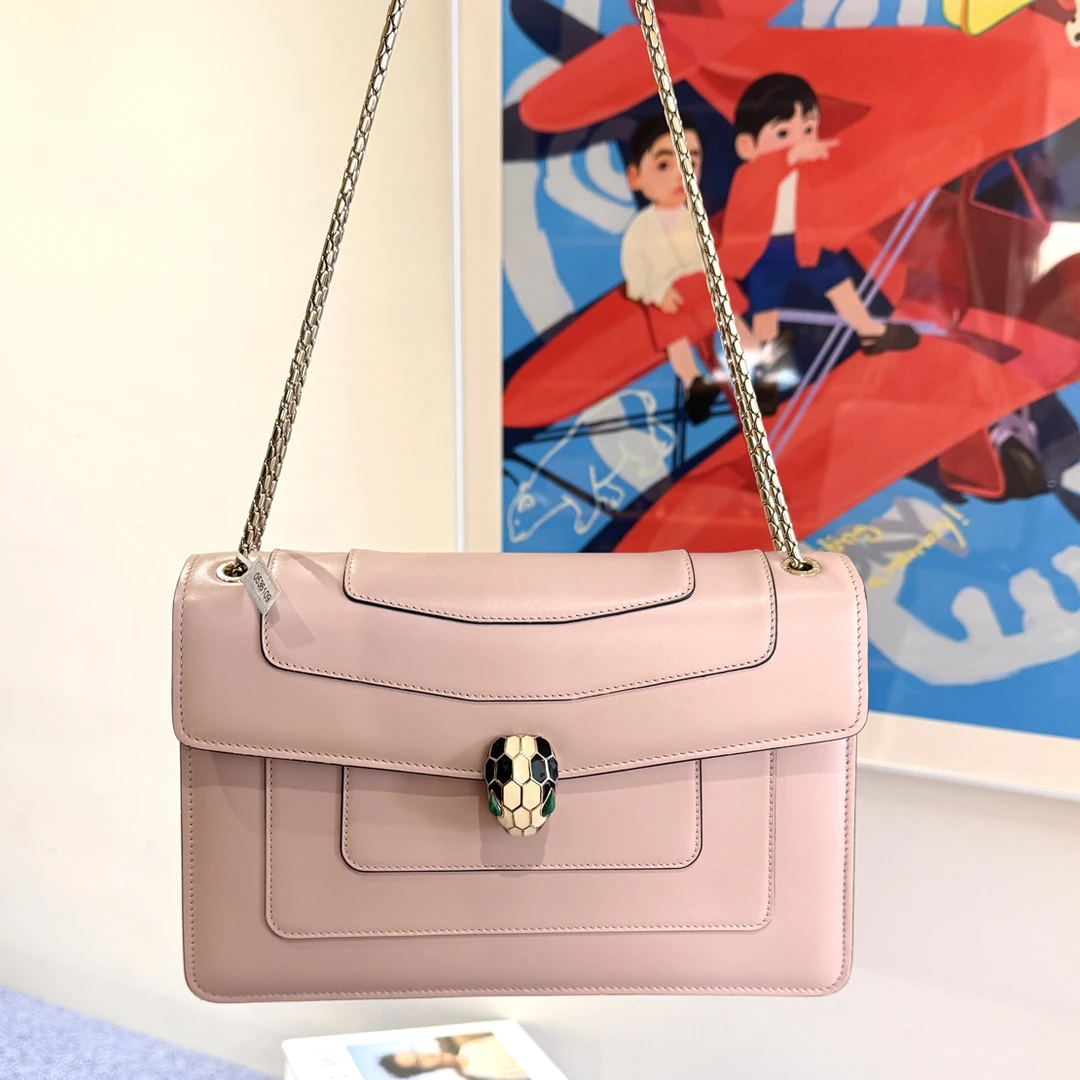 99新 BVLGARI/宝格丽 蛇头链条包 中号 粉色 牛皮