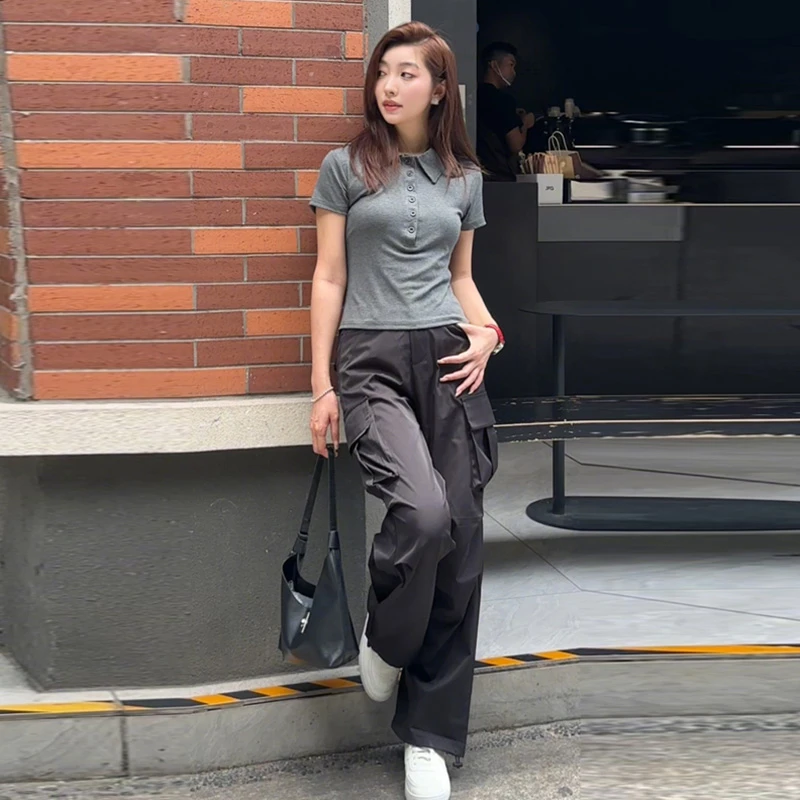 2025年夏日穿搭套装超火一整套灰色圆领t恤休闲工装裤两件套女