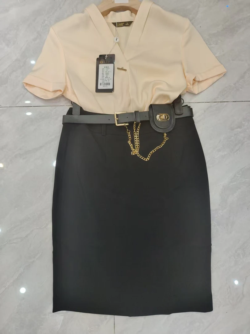 0488+1094+腰带套装领修身型短袖夏季常规时尚女神纯色衬衫套装