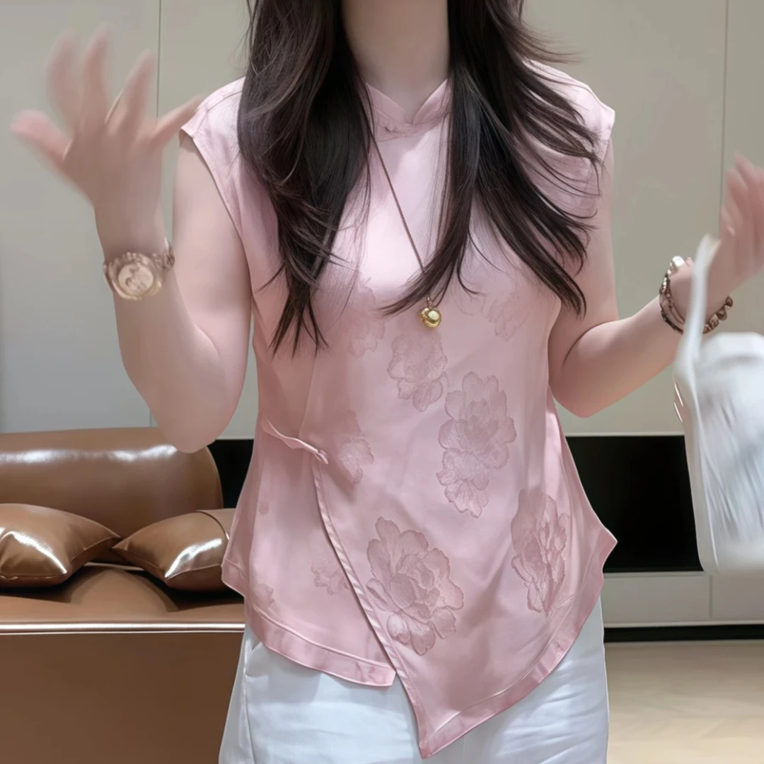 2025夏季无袖立领提花新中式打底宽松型小衫不规则设计感上衣女潮