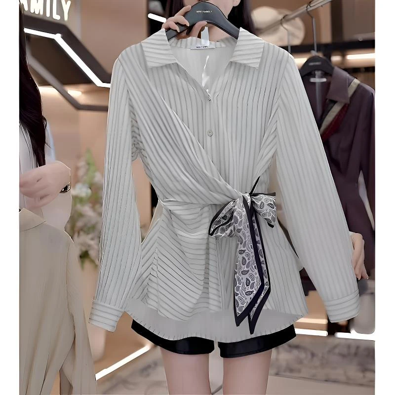 泰晤士报”韩系条纹通勤时尚秋季V领衬衫女2025新款爆款洋气