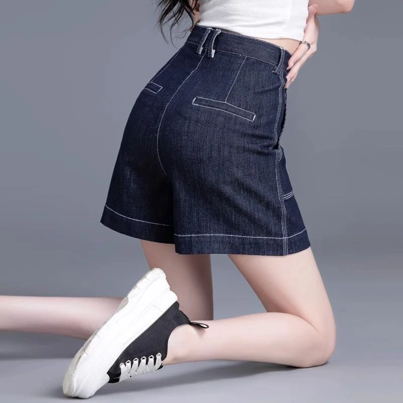 丹宁蓝牛仔短裤女夏季薄款2025新款夏天高腰显瘦外穿阔腿宽松热裤