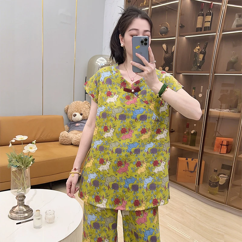 新中式旗袍衫带胸垫夏季睡衣女款金枝玉兔三件套装家居服三件套装