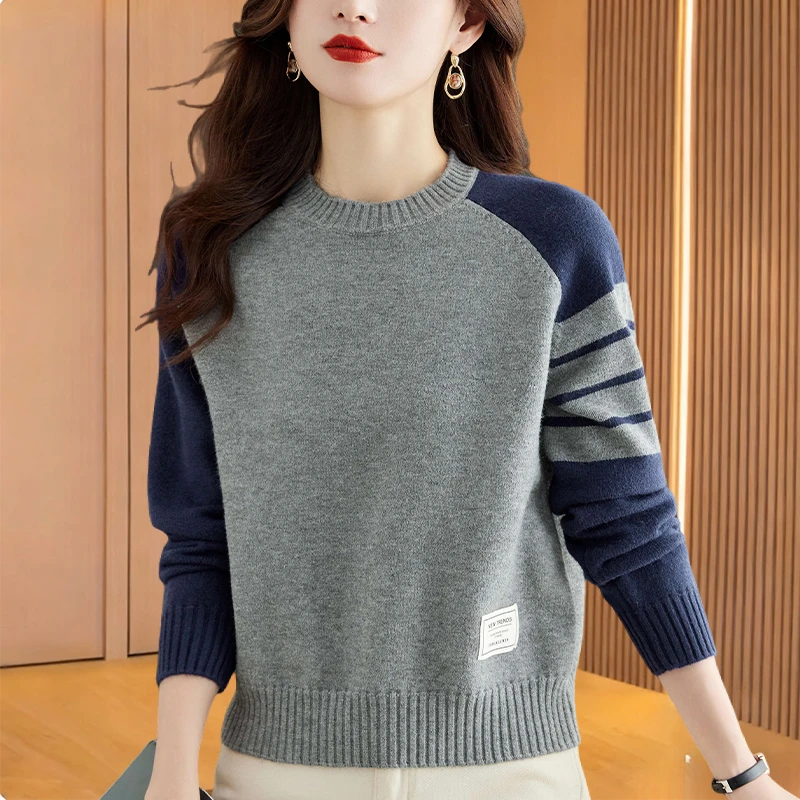 减龄时尚2025新款潮牌女装拼色小个子毛衣短款洋气圆领针织打底衫