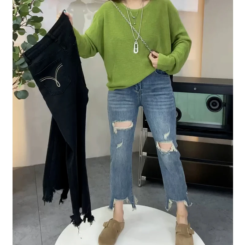 黑色破洞直筒牛仔裤女夏薄款大码胖mm高腰宽松显瘦毛边九分烟管裤