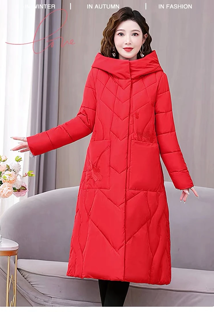 P0005  冬季棉服民族2025新款刺绣连帽过膝棉衣棉袄