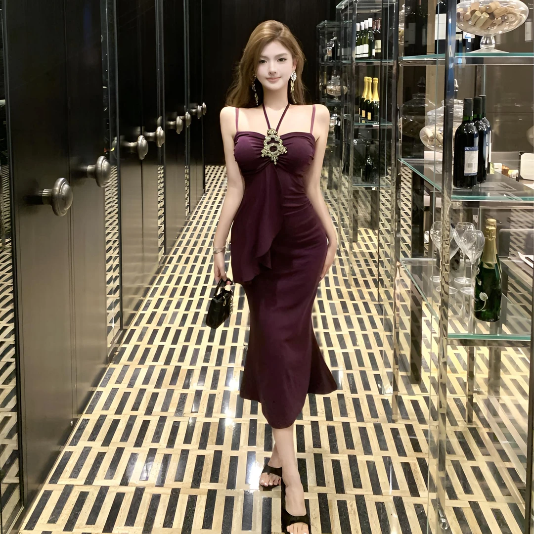 温柔风荷叶边遮肚设计感吊带裙纯欲风性感夏季时尚气质鱼尾连衣裙