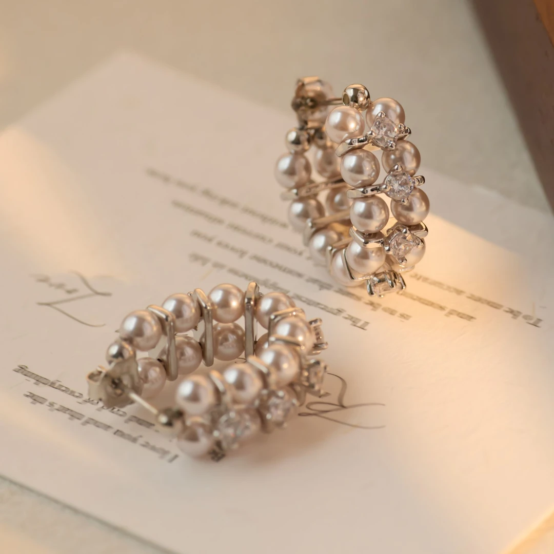 丽沁 925银耳饰 编织繁花锆石银耳钉独特设计双排珠珠耳环