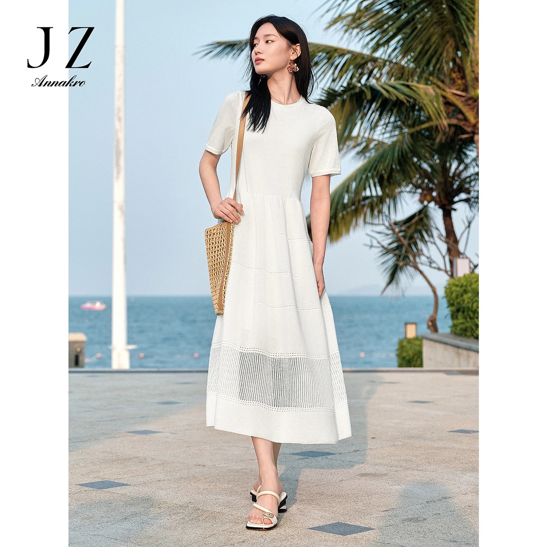 玖姿安娜蔻极简清冷气质女神款收腰镂空针织连衣裙女2025夏季新款
